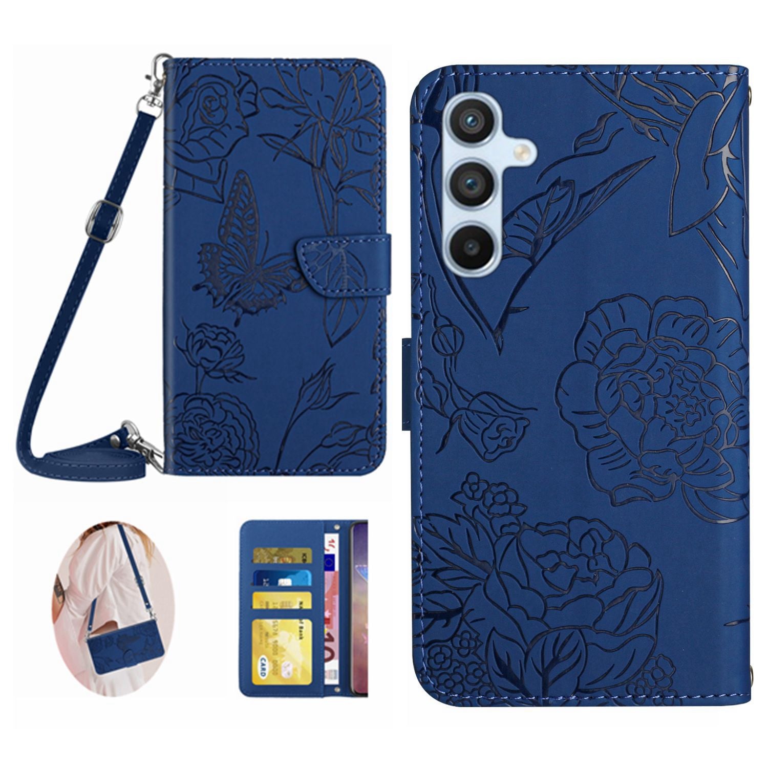 HT03 telefontaske til Samsung Galaxy M14 5G PU læderholder tegnebog Butterfly Flowers påtrykt cover med skulderrem HT03 telefontaske til Samsung Galaxy M14 5G PU læderholder tegnebog Butterfly Flowers påtrykt cover med skulderrem
